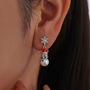 Snowflake Snowman Pearl Drop Stud Earrings - Perimade & Co.