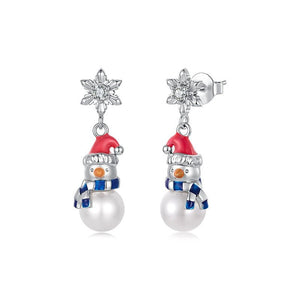 Snowflake Snowman Pearl Drop Stud Earrings - Perimade & Co.