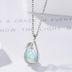 Sparkling Teardrop Opal Leaf Charm Necklace - Perimade & Co.