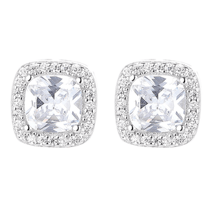 Pair of silver earrings with clear gemstones on a white background