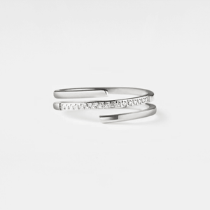 A gold-colored, three row stacking spiral wrap ring with cubic zirconia accents on the top row, displayed against a white background.
