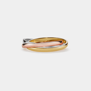 A three-tone trinity interlocking rolling ring with gold and silver colors.