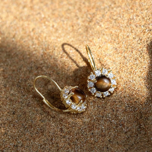 Tiger's Eye Halo CZ Leverback Hoop Earrings - Perimade & Co.