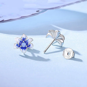 Tiny Blue Enamel Lily Floral Opal Stud Earrings - Perimade & Co.