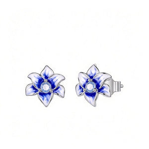 Tiny Blue Enamel Lily Floral Opal Stud Earrings - Perimade & Co.