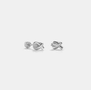 A pair of gold-plated ball end stud earrings with a twisted knot design, displayed against a white background.
