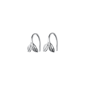 Silver leaf-shaped earrings on a white background
