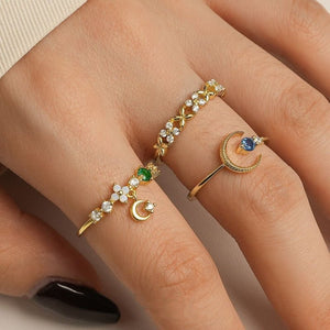 Tiny Moon Dangle Charm CZ Stack Band Ring - Perimade & Co.