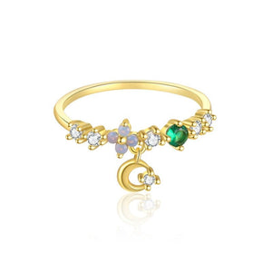 Tiny Moon Dangle Charm CZ Stack Band Ring - Perimade & Co.