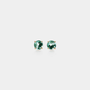 Pair of green gemstone stud earrings on a white background