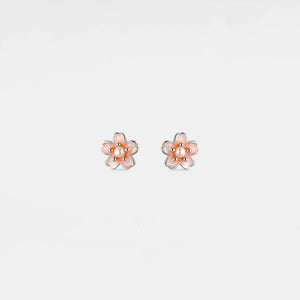 Flower-shaped earrings with pink centers on a light gray background