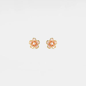 Pair of gold flower-shaped earrings with pink centers on a light gray background
