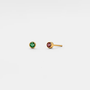 Two gold stud earrings with gemstones on a white background