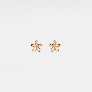 A pair of small, gold-plated sterling silver flower stud earrings on a white background.