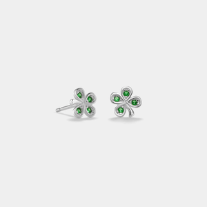 A pair of gold-plated stud earrings featuring a four-leaf clover design with green cubic zirconia centers.