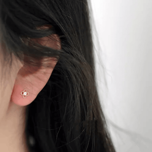Close-up of a person wearing a gold flower-shaped earring with a blurred background.