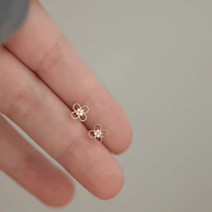 Gold flower-shaped earrings on a person's finger against a neutral background