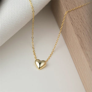 Two heart-shaped pendant necklaces, one with a gold plating and the other in silver, displayed against a grey background.