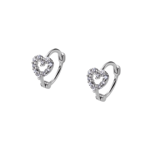 Heart-shaped earrings with clear stones on a white background