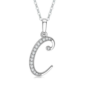 Silver necklace with a 'C' shaped pendant on a white background