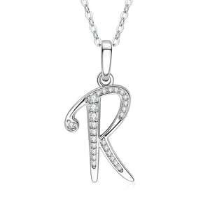Silver necklace with a 'R' pendant on a white background