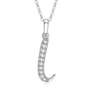 Silver necklace with a crescent moon pendant on a white background