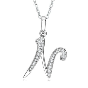 Silver necklace with a 'M' shaped pendant on a white background