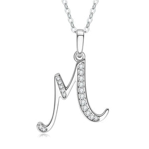 Silver necklace with 'M' pendant on a white background