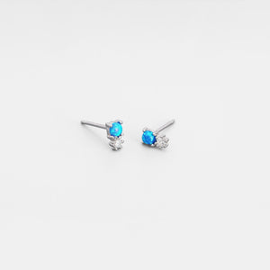 Pair of silver earrings with blue gemstones on a light gray background