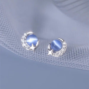 Pair of silver earrings with blue gemstones on a light gray background
