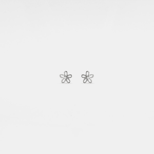Pair of silver flower-shaped earrings on a light gray background
