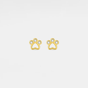 Gold paw-shaped earrings with clear stones on a light gray background