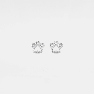 A pair of gold-plated stud earrings featuring a heart-shaped design with paw prints accentuated in the center.