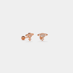 Pair of rose gold earrings with small diamonds on a white background