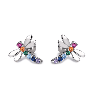 Silver dragonfly earrings with colorful gemstones on a white background