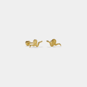 A pair of screw back crawler earrings designed to resemble a snake, with a gold plating on sterling silver, displayed against a white background.