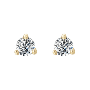 Pair of diamond stud earrings with gold prongs on a white background