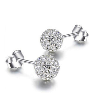 A pair of Shambala stud earrings with silver hypoallergenic posts and spherical cubic zirconia embellishments.