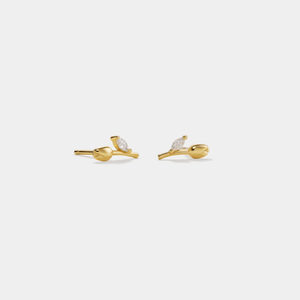 Pair of gold earrings with clear gemstones on a white background