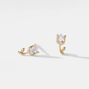 Gold earrings with clear gemstones on a light gray background