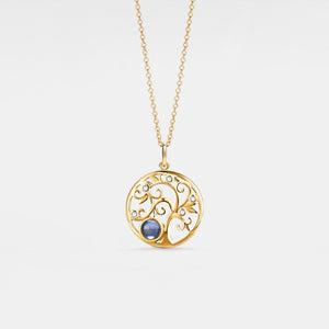 Gold necklace with a circular pendant featuring a blue gemstone on a light gray background