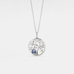 A gold-plated necklace with a sterling silver Tree of Life pendant and a blue cubic zirconia at the center, displayed on a white background.
