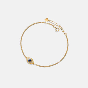 Gold bracelet with a blue and green gemstone on a white background