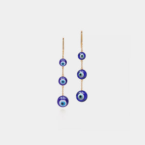 A pair of Turkish Evil Eye bead dangle drop earrings with gold plating and hypoallergenic finish.