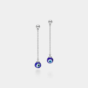 A pair of gold-plated sterling silver drop earrings with blue evil eye pendants.