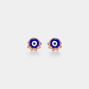 A pair of gold-plated sterling silver stud earrings featuring a blue enamel evil eye design, with intricate leaf patterns around the edge.