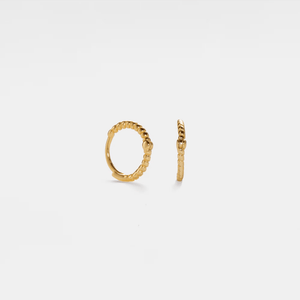 Gold hoop earrings on a light gray background