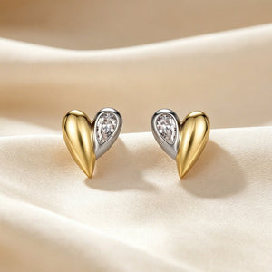 Two-Tone Asymmetric Heart CZ Stud Earrings - Perimade & Co.