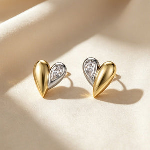 Two-Tone Asymmetric Heart CZ Stud Earrings - Perimade & Co.