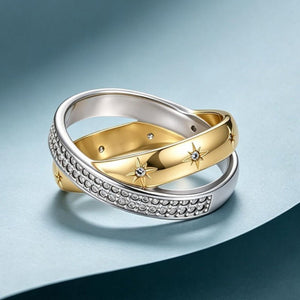 Two-Tone Star Engraved Crisscross Band Ring - Perimade & Co.